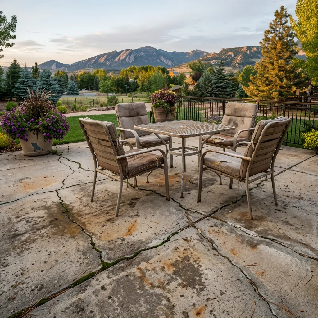 Damaged and sunken backyard concrete patio before repair