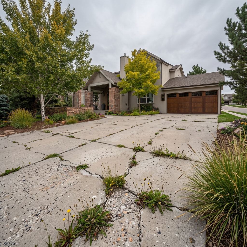 Cracked residential concrete driveway before repair