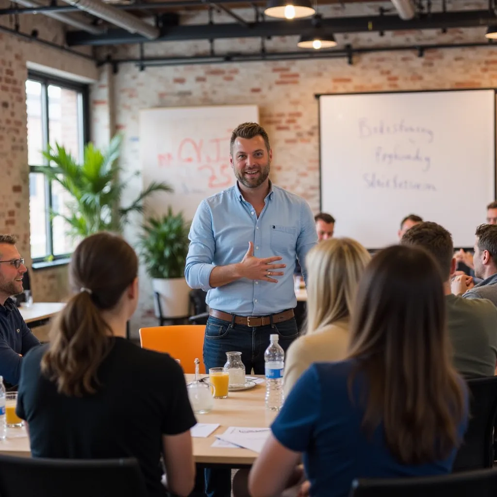 Trainer staat voor een zaal met medewerkers en geeft een workshop over beter keuzes kunnen maken