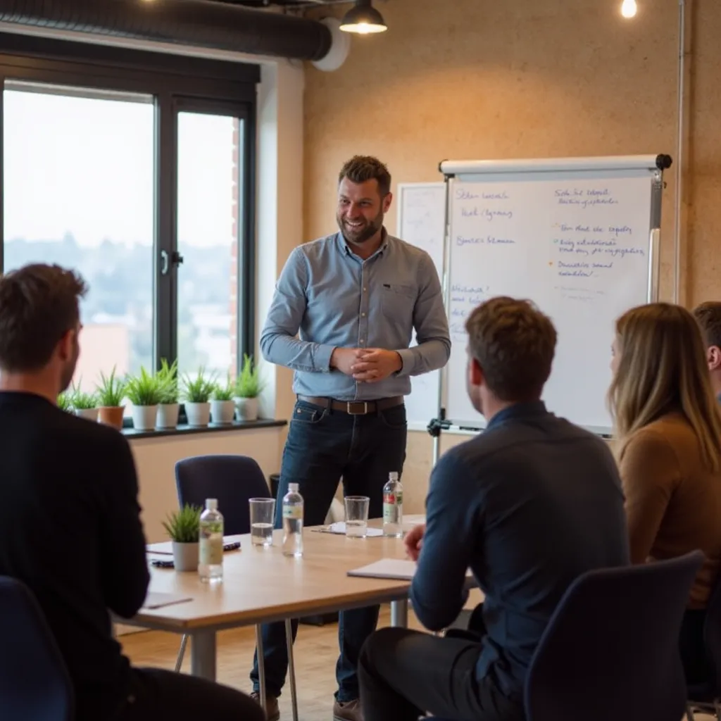 Trainer Igor Gootjes voor een groep medewerkers die deelnemen aan het vvitaliteitsprogramma Ready For Work