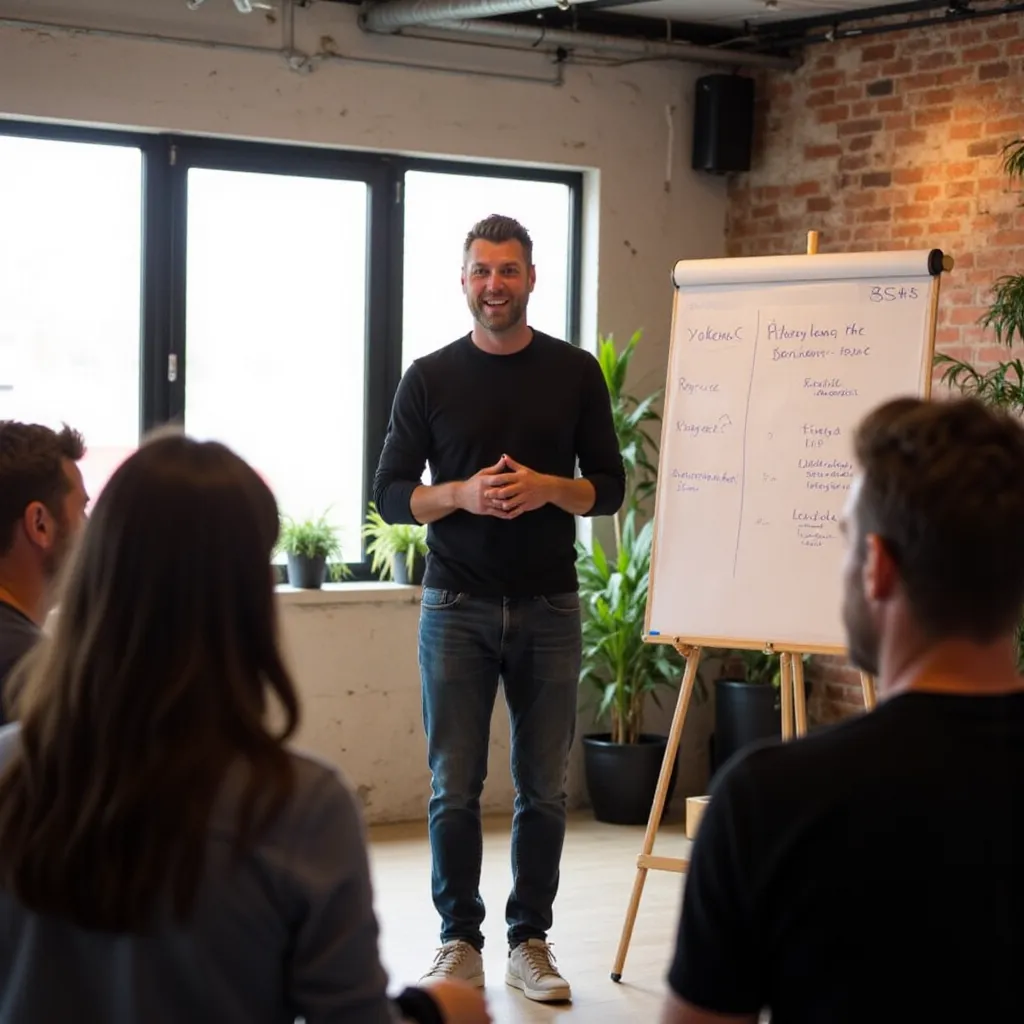 Trainer staat voor een zaal met medewerkers en geeft een workshop over stress op de werkvloer