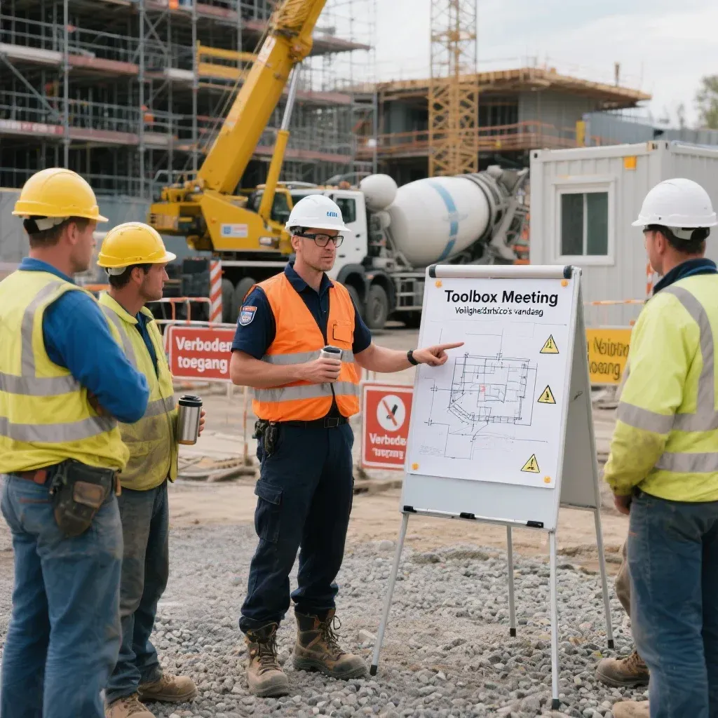 Een preventiemedewerker geeft instructies over de risico's op de bouwplaats aan zijn collega's