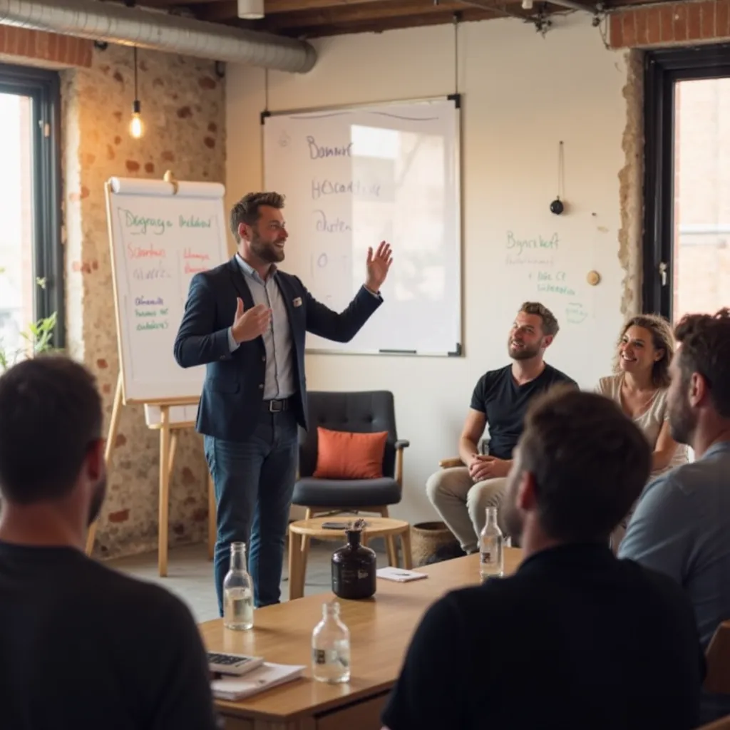 Trainer staat voor een zaal met medewerkers en geeft een workshop over professioneel leiderschap in je werk