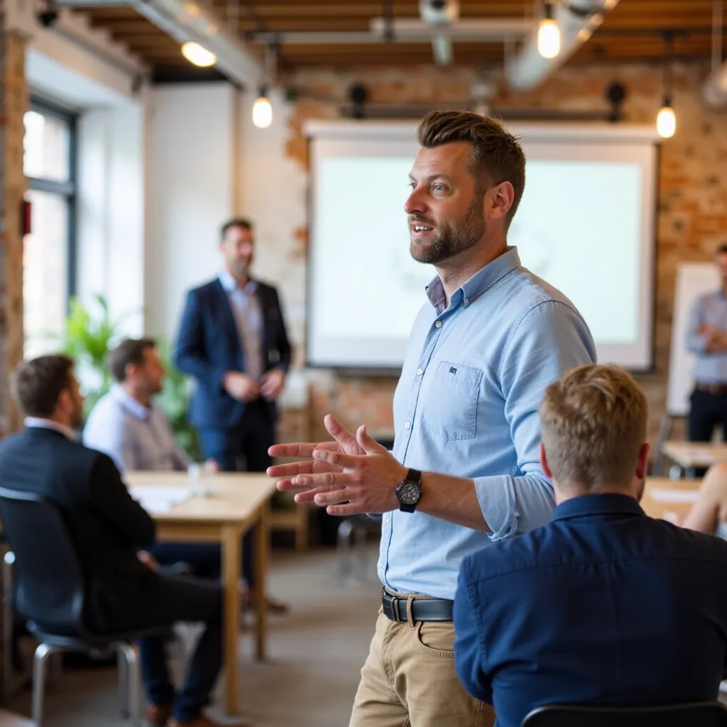 Trainer staat voor een zaal met medewerkers en geeft een workshop over beter keuzes kunnen maken in werk