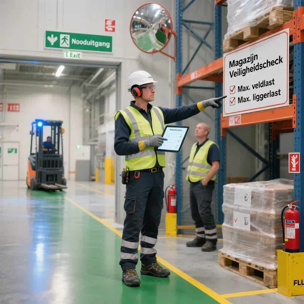 De preventiemedewerker doet een veiligheidscheck in de fabrieksha