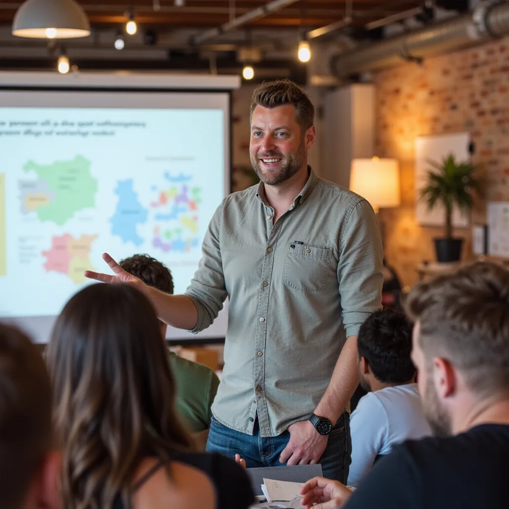 Trainer staat voor een zaal met medewerkers en geeft een workshop over stress op de werkvloer
