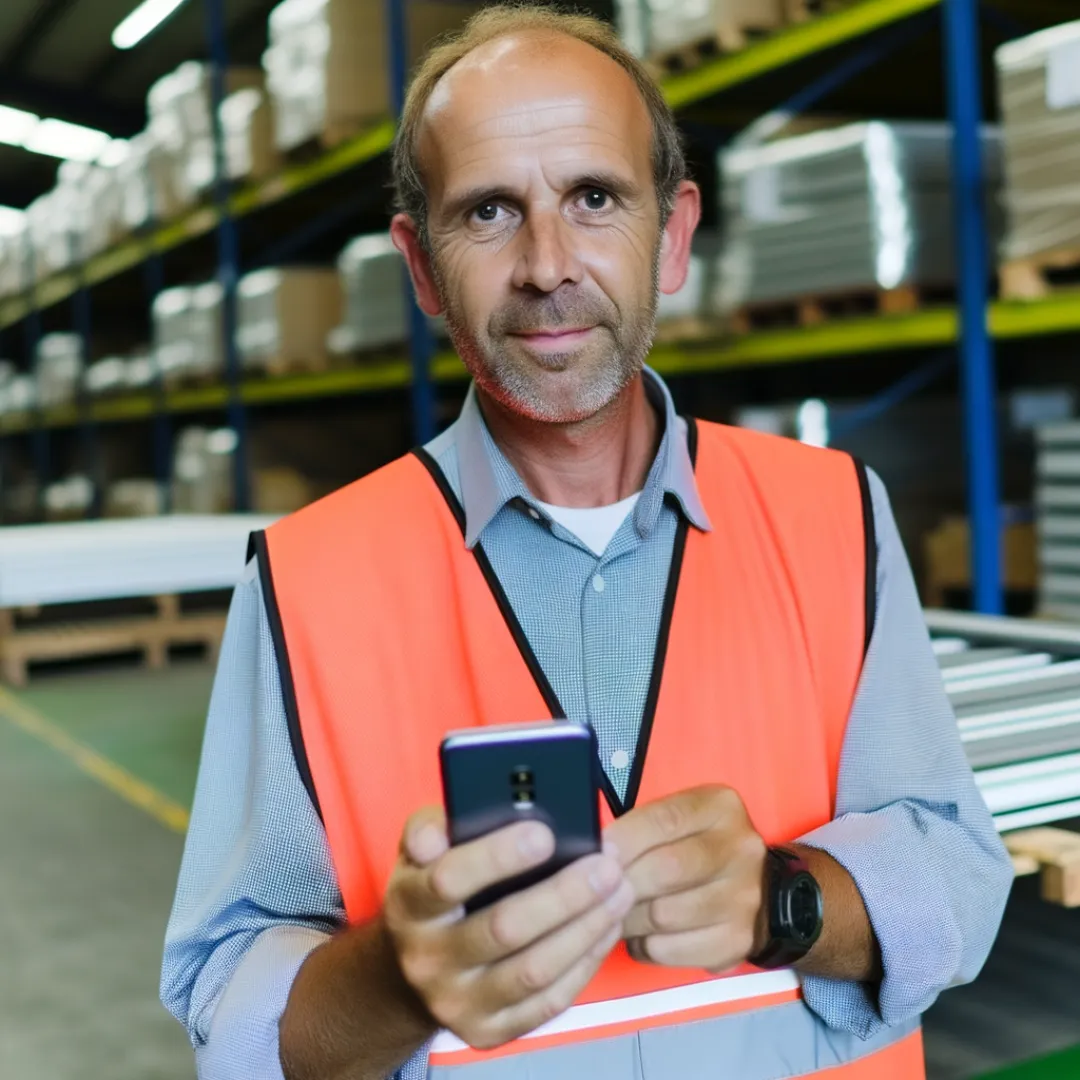 Medewerker volgt de verzuimtraining voor medewerkers p zijn mobiele telefoon op zijn zijn werkplek