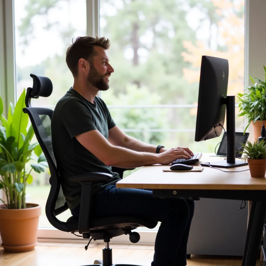 Een medewerker die achter zijn beeldscherm zit op zijn werkplek thuis