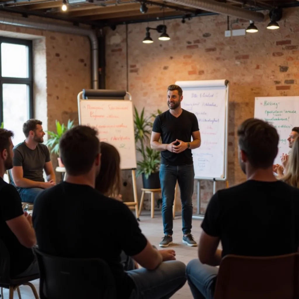 Trainer staat voor een zaal met medewerkers en geeft een workshop over fitte medewerkers