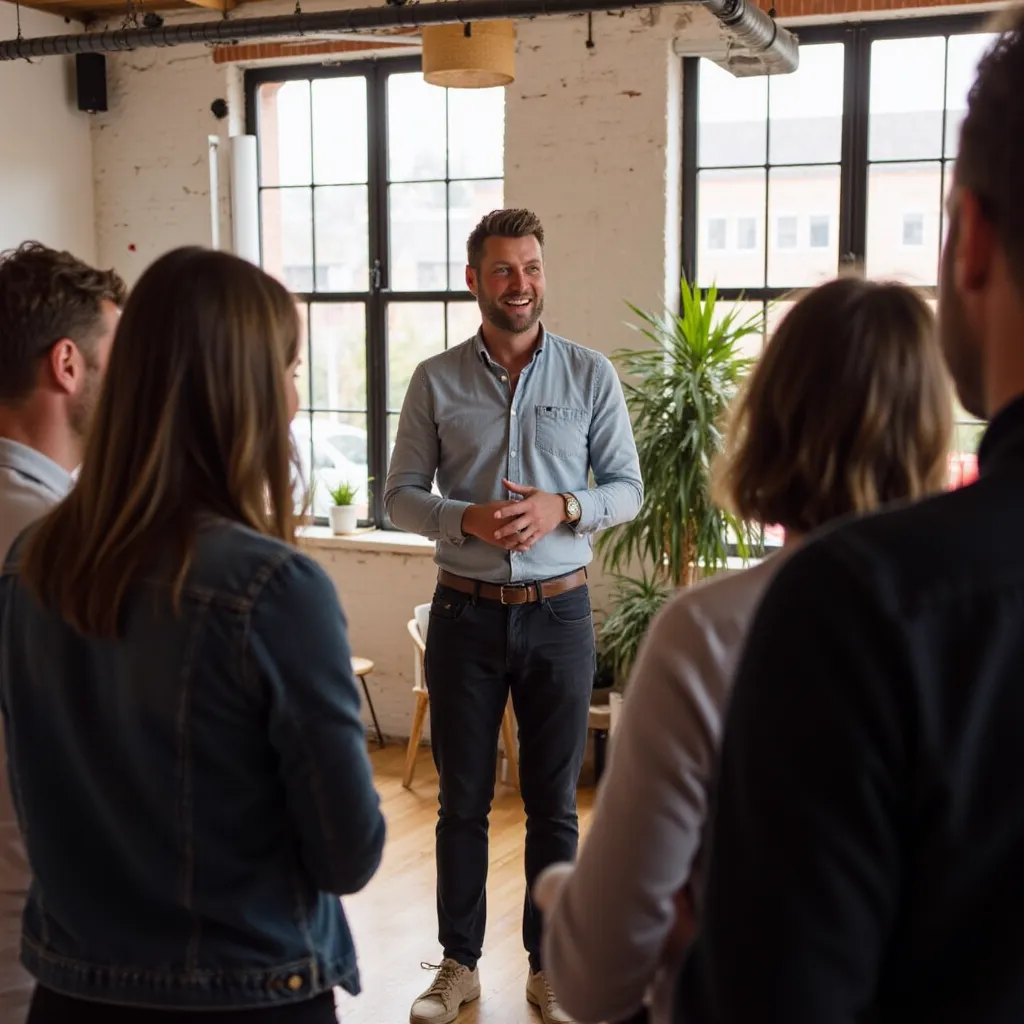 Trainer staat voor een zaal met medewerkers en geeft een workshop over gezonde voeding