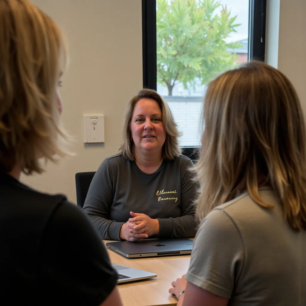 Een vertrouwenspersoon aan tafel n gesprek met een medewerker 