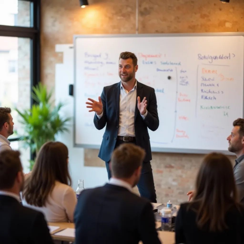 Trainer staat voor een zaal met medewerkers en geeft een workshop over professioneel leiderschap