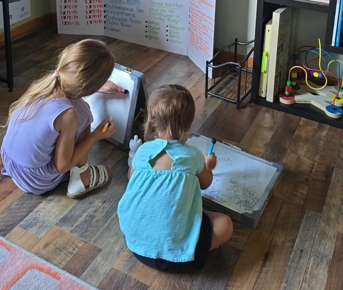 Students sit in a semicircle watching the teacher on a laptop