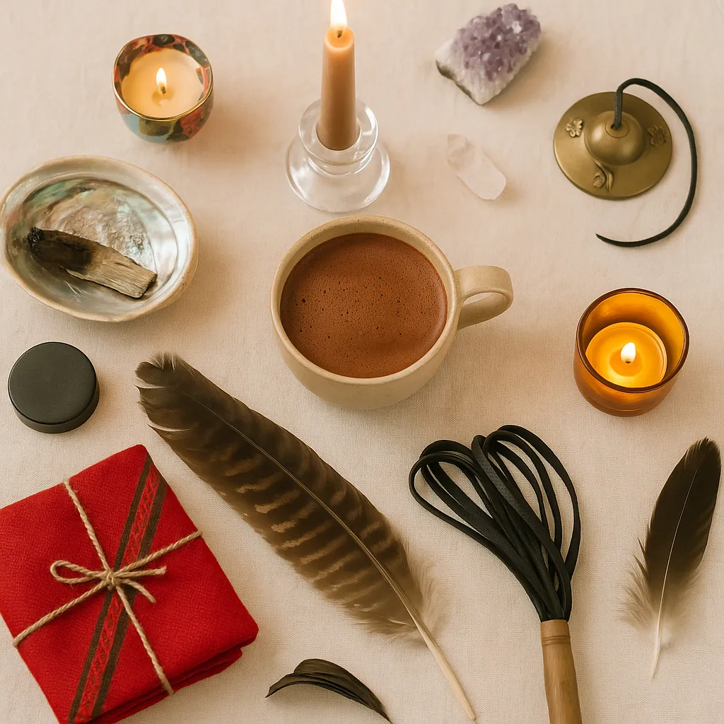 Sacred cacao ceremony setup with altar, cacao cups, candles, and crystals