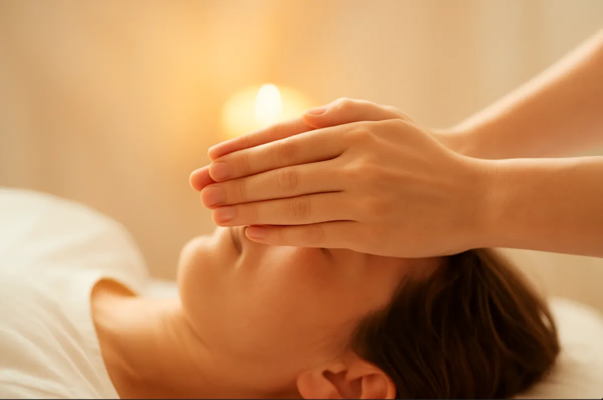 Reiki session with client lying down and energy healing in progress