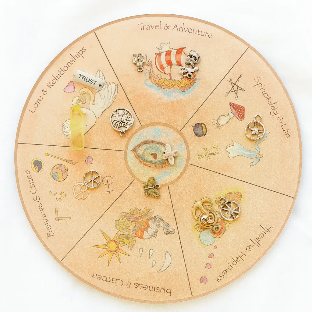 Charm board with scattered symbolic charms used for intuitive reading