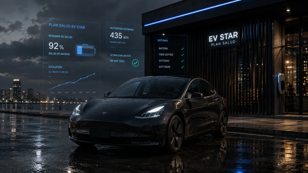 Tesla Model 3 con visualización tecnológica del Plan Salud EV STAR.