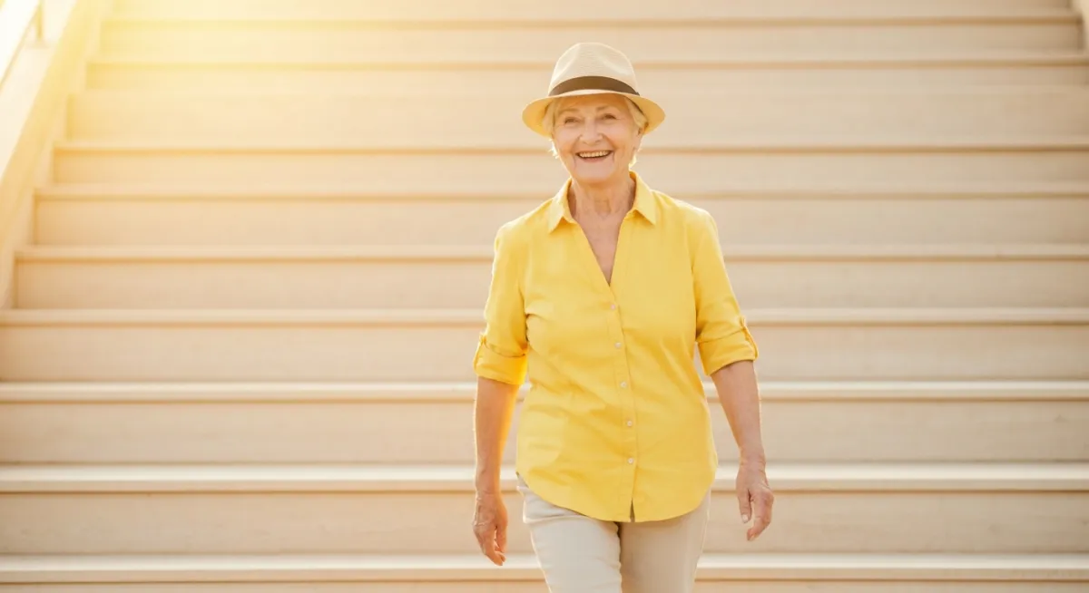 Older woman in a yellow shirt smiling outdoors