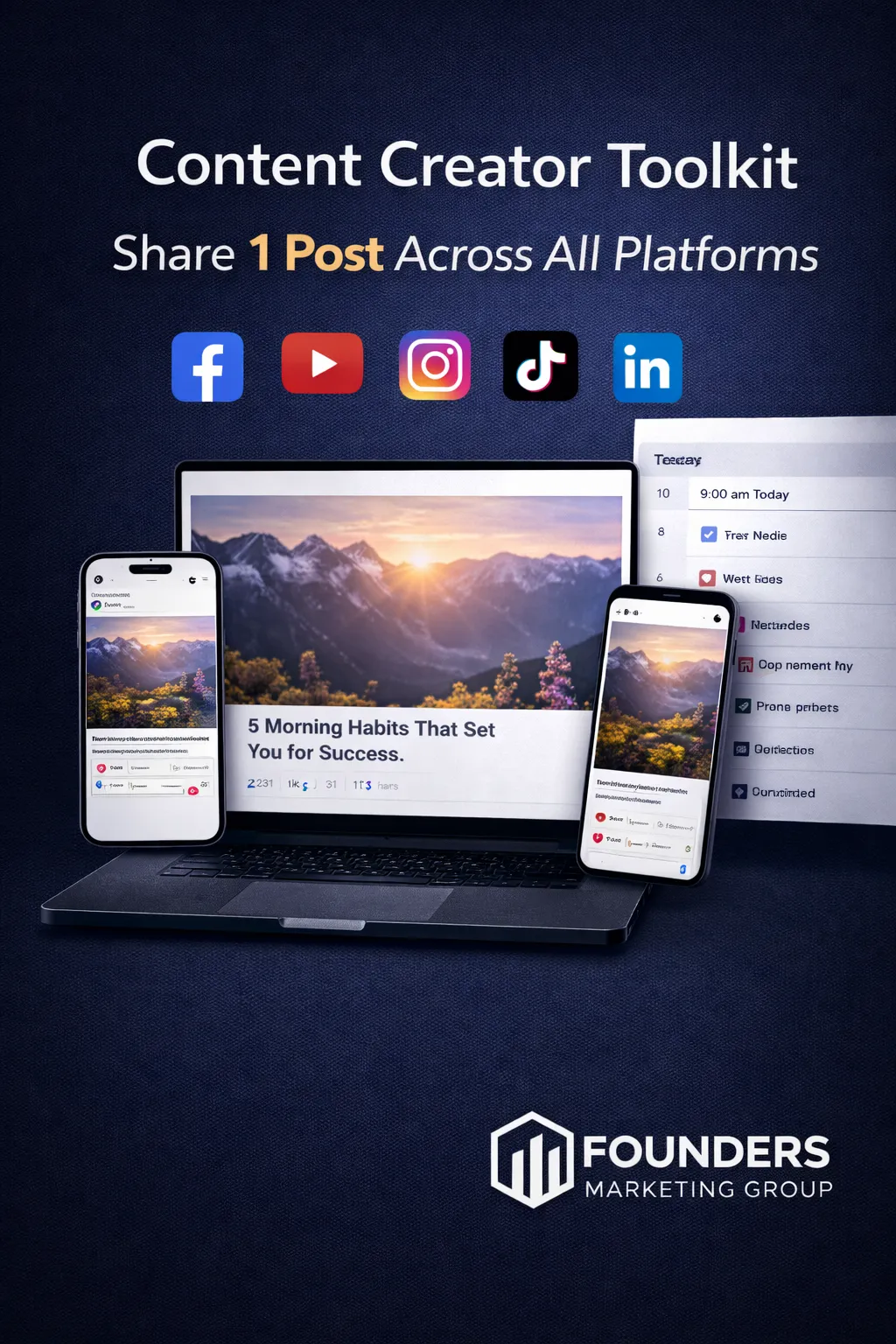 Laptop, tablet and phones showing Content creation graphics