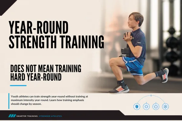 Youth athlete and coach reviewing a year-round strength plan beside the weight room
