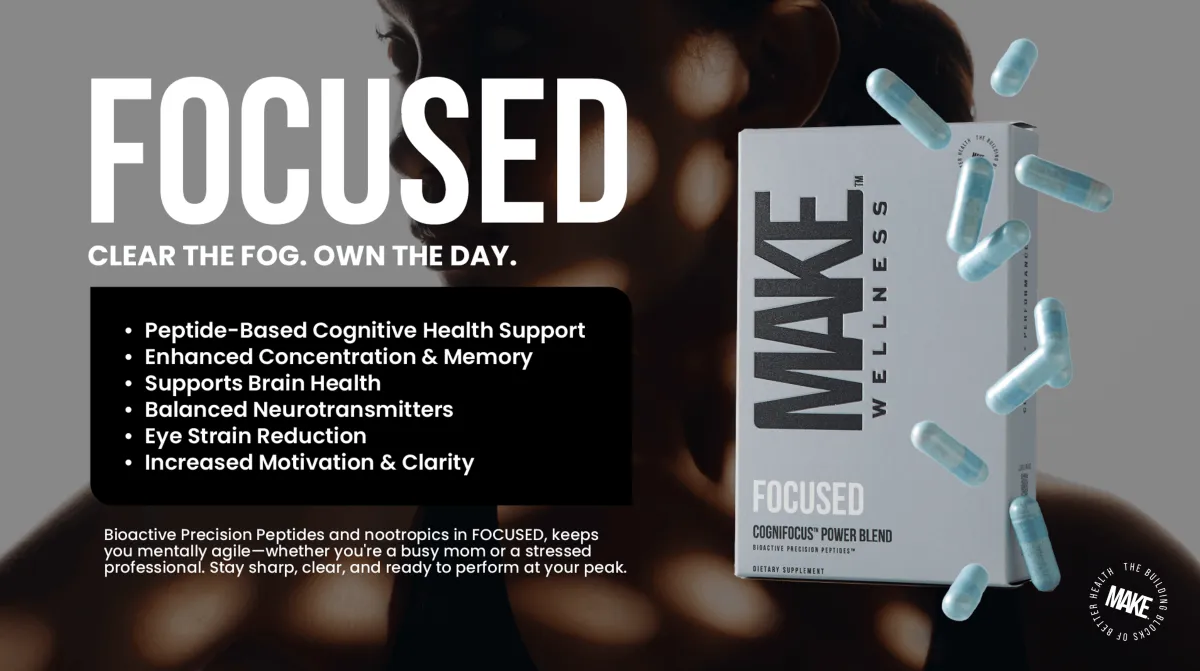 Your brain is a remarkable engine, continuing to develop into your mid-20s, but cognitive decline can begin as early as age 30. In today’s fast-paced environment, stress and fatigue can undermine your focus—particularly in the prefrontal cortex, the region responsible for attention, memory, and information processing. FOCUSED is designed to support and enhance this critical area, helping you maintain mental clarity even under pressure.  CogniFocus™ is thoughtfully formulated to deliver a range of cognitive benefits. It enhances concentration and memory by reducing mental fatigue, resulting in sharper focus and better recall. The formula also supports overall brain health and promotes balanced neurotransmitter activity, which is essential for mood regulation and sustained alertness. To address modern challenges, CogniFocus™ helps reduce eye strain caused by blue light exposure, lessening both eye and brain fatigue. By fueling increased motivation and clarity, it empowers you to perform at your peak. At the cellular level, peptide-based cognitive health support nurtures brain function, providing a comprehensive approach to mental performance and resilience.