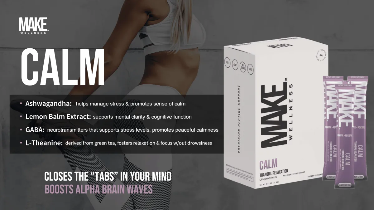CALM features a potent blend of four soothing ingredients designed to promote balance and relaxation, all without causing drowsiness. Ashwagandha, a renowned adaptogen, helps your body manage stress and encourages a sense of calm. Lemon balm extract is celebrated for its mood-boosting properties, supporting both mental clarity and cognitive function. GABA, a natural neurotransmitter, works to maintain healthy stress levels and fosters a peaceful sense of calmness. Finally, L-theanine—sourced from green tea—promotes relaxation and focus, allowing you to unwind naturally while staying alert. Together, these ingredients offer a natural way to relax, recharge, and restore your sense of well-being.