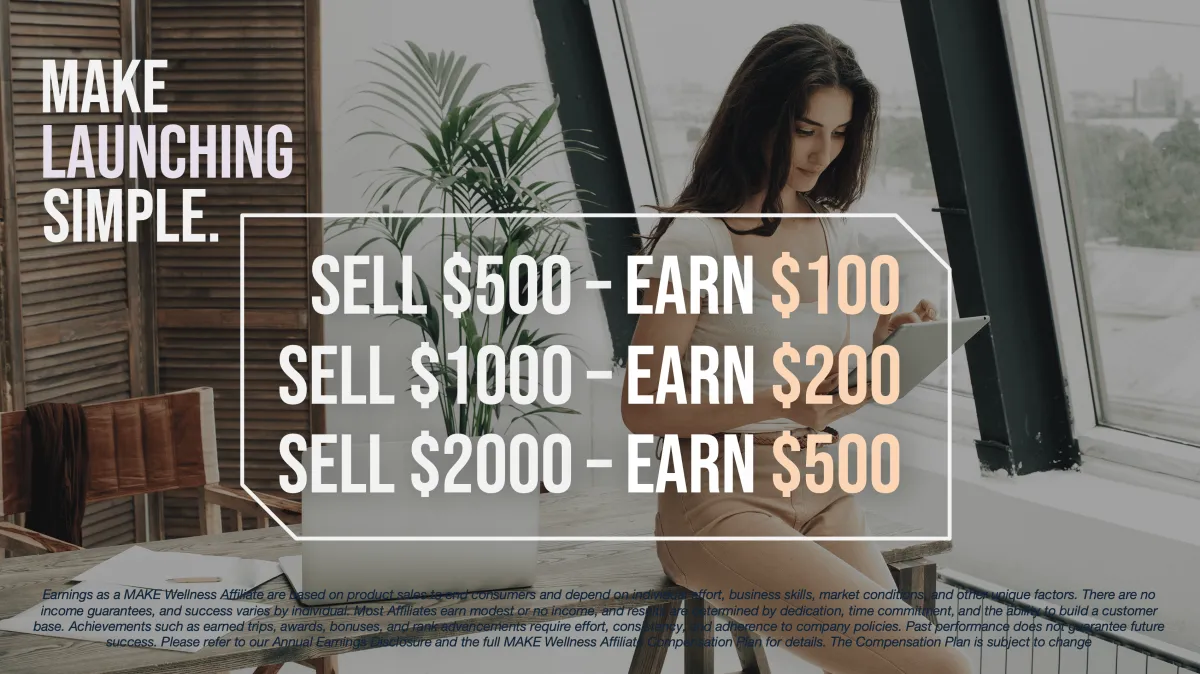 Woman working on a laptop in a modern office setting, next to large windows and indoor plants, with bold text overlay reading "Make Launching Simple." The image highlights a direct affiliate earnings structure: "Sell $500 – Earn $100, Sell $1000 – Earn $200, Sell $2000 – Earn $500." This promotional graphic is designed for affiliate marketing, emphasizing a straightforward income opportunity with no enrollment fees or sign-up costs, ideal for wellness and business opportunity websites.