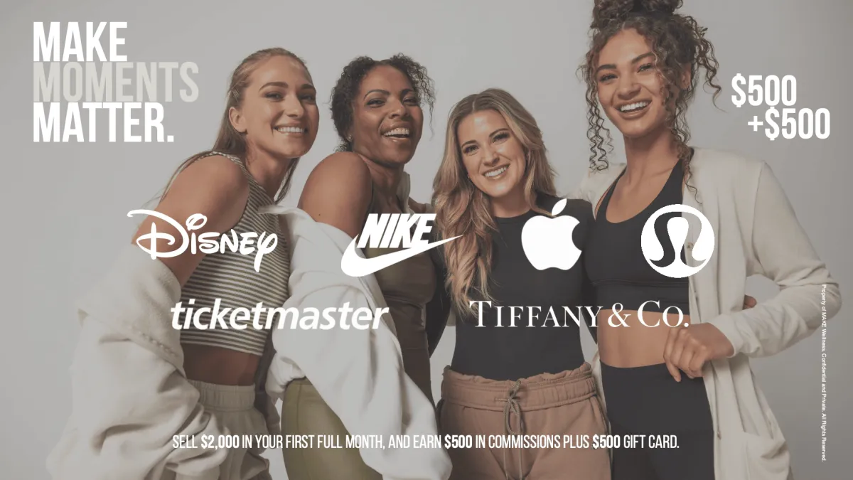 Four women standing together in casual activewear, smiling and celebrating, with logos for Disney, Nike, Apple, Lululemon, Ticketmaster, and Tiffany & Co. displayed prominently. Promotional text reads, "Make Moments Matter. Sell $2,000 in your first full month and earn $500 in commissions plus $500 gift card," highlighting an affiliate incentive program for earning gift cards from top brands by reaching sales goals.