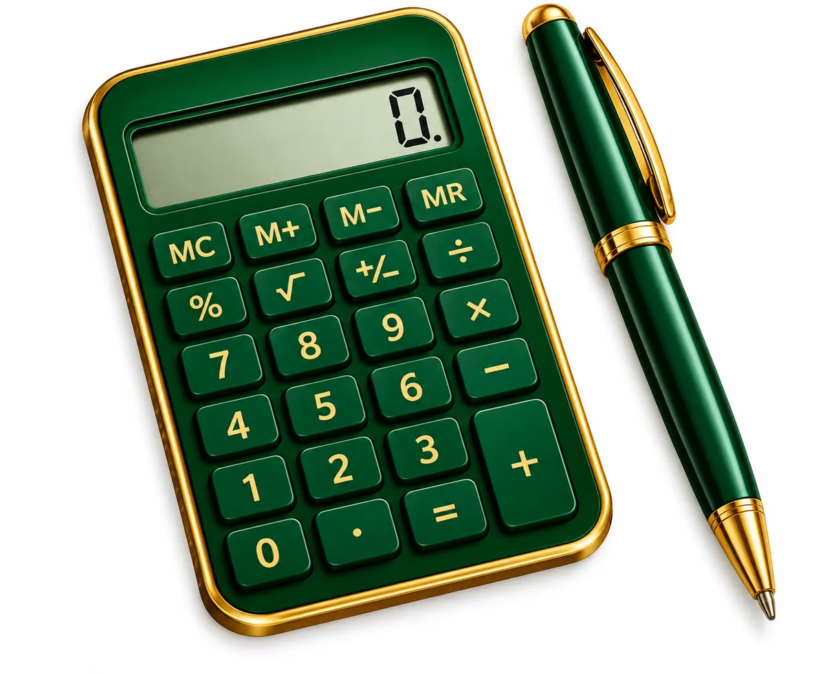 A standard desktop calculator, angled slightly on an office desk