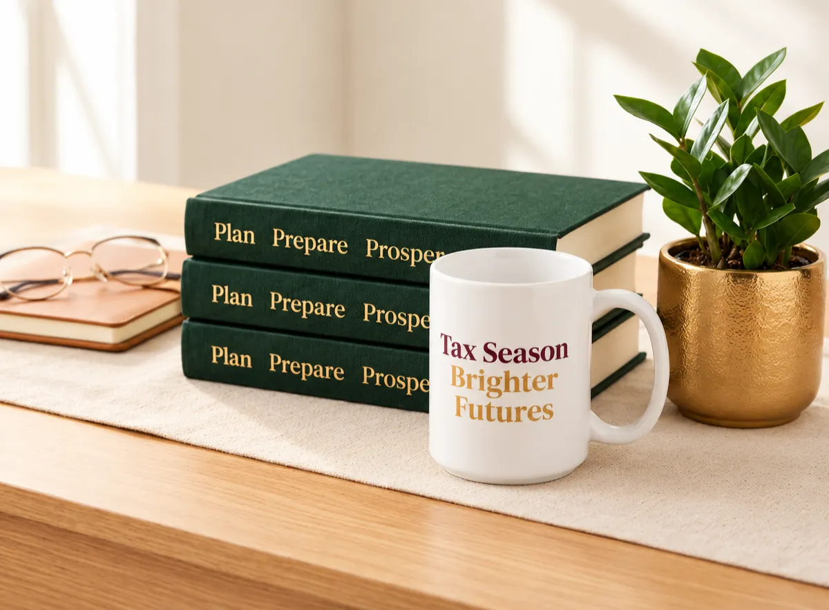 Graphic arrangement of maroon books titled 'Plan Prepare Prosper', a white mug reading 'Tax Season Brighter Futures', and a gold potted plant.
