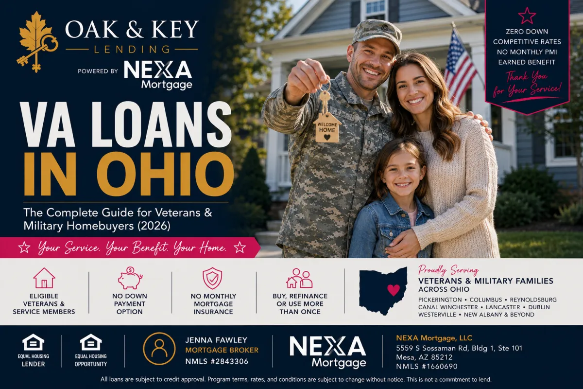 VA Loans in Ohio guide from Oak & Key Lending powered by NEXA Mortgage, featuring a military family outside their home and highlighting VA home loan benefits for Ohio veterans and service members.