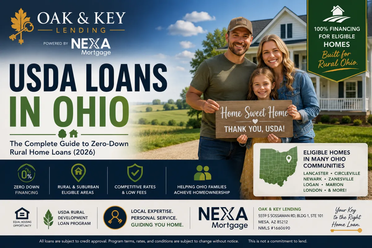 USDA Loans in Ohio guide from Oak & Key Lending powered by NEXA Mortgage, featuring an Ohio family outside a rural home and highlighting zero-down USDA home loan options for eligible Ohio properties and borrowers