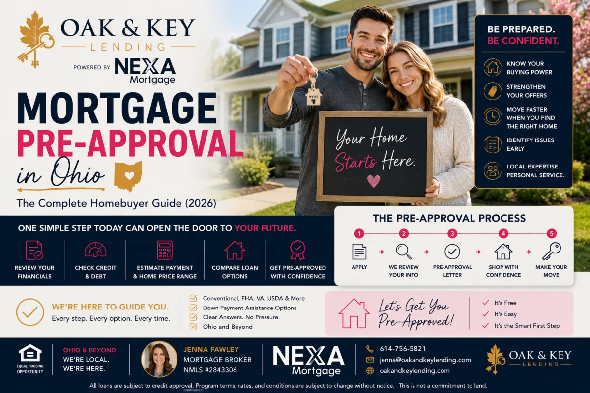 Mortgage pre-approval in Ohio guide from Oak & Key Lending powered by NEXA Mortgage, featuring Ohio homebuyers with new home keys and steps for getting pre-approved, comparing loan options, estimating payments, and preparing to buy a home.