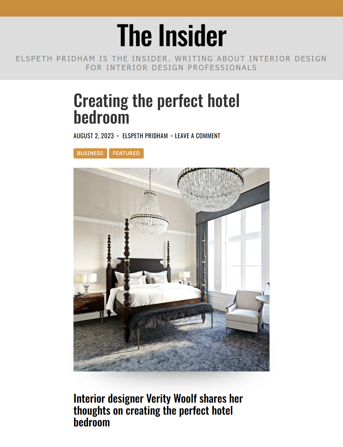The Insider - Creating the perfect hotel bedroom - August 2023