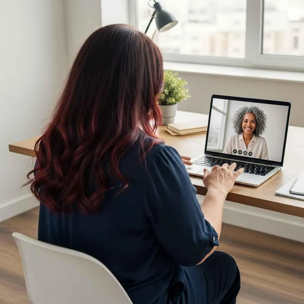 Woman having zoom call on laptop with a coaching client