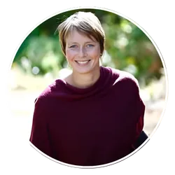 Inga Michaelsen in red blazer, leadership training coach