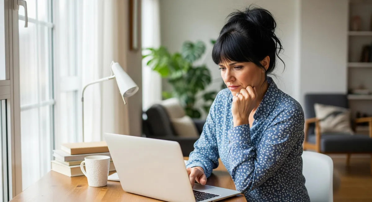 Middle-aged woman with dark hair in a messy bun, wearing a denim shirt, sitting at a wooden desk with a laptop and coffee mug, looking thoughtful while working from home.