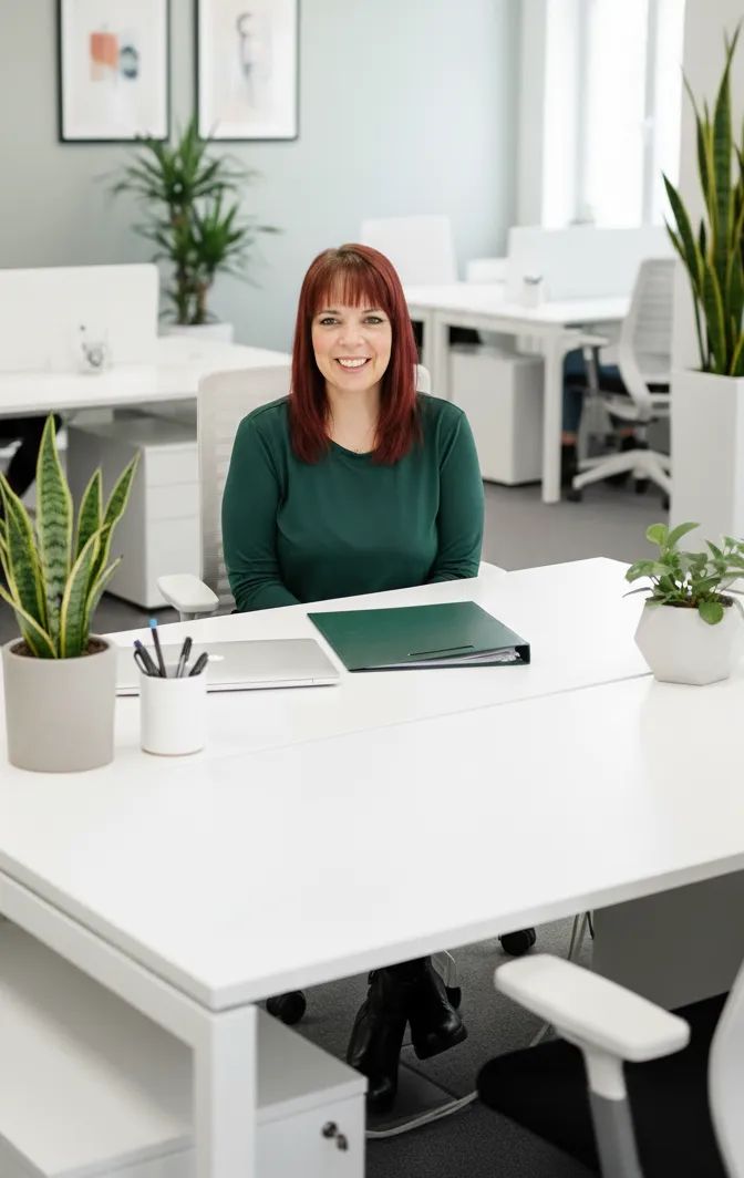 Woman’s hands writing in business planner next to laptop and coffee mug — representing clear, strategic business planning