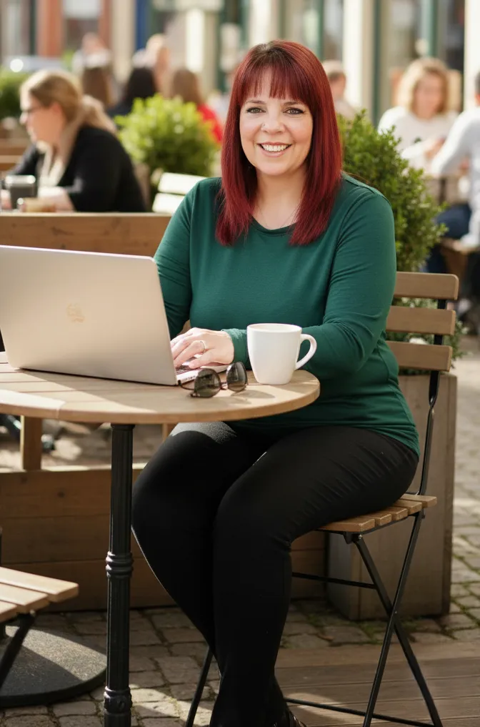 Robyn Bennett, business strategist and tech expert, working on a laptop with a coffee at an outdoor café.