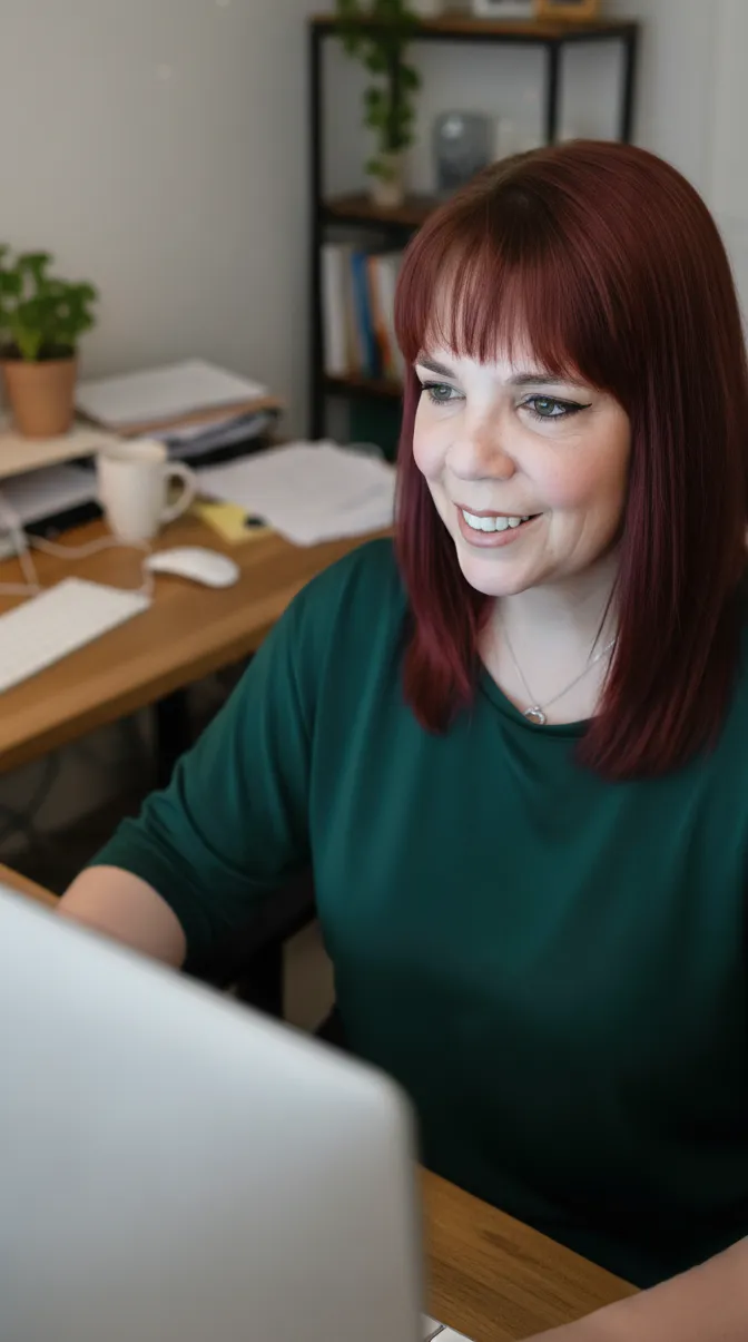 Robyn Bennett, certified business strategist and tech expert, smiling while working at her computer in a modern office.