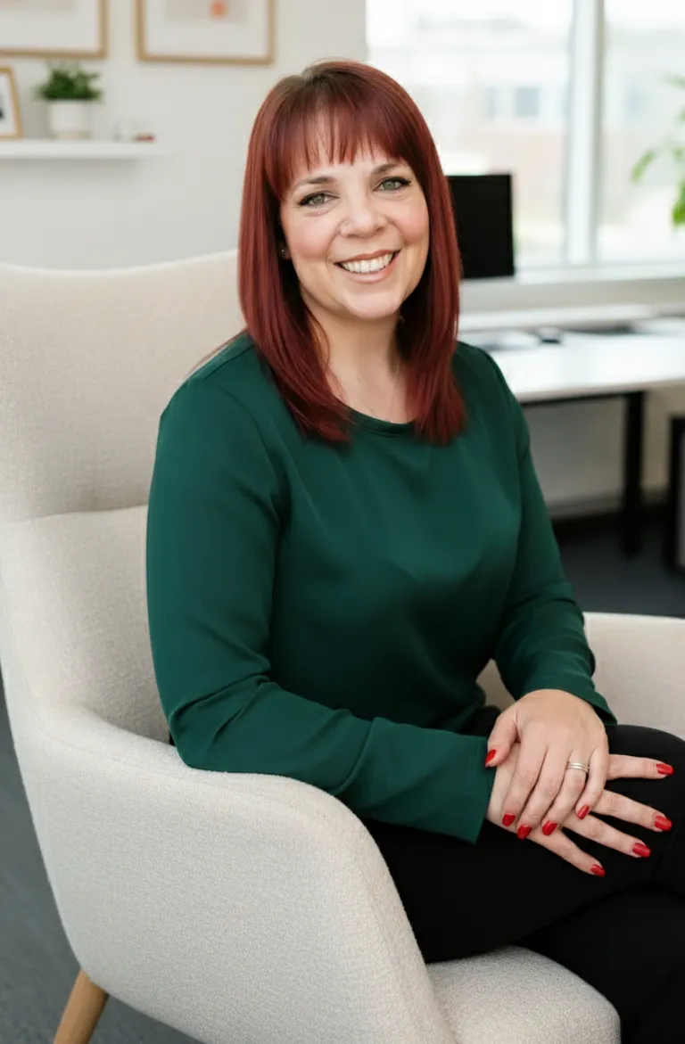 Robyn Bennett, certified business strategist and tech expert, smiling in a black blouse with a silver heart necklace.