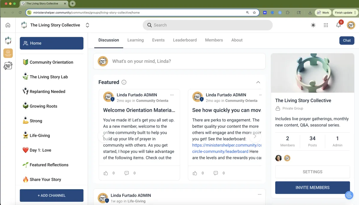 A view of the Living Story Collective online community for relationship-building that faces and prevents burnout.