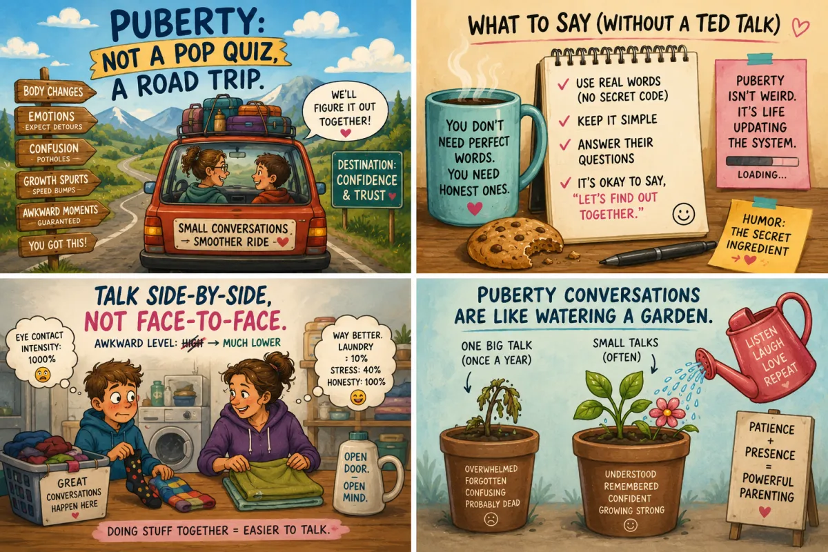 Four-panel illustrated infographic about talking to children about puberty. The first panel compares puberty to a road trip, the second highlights simple and honest communication, the third shows a parent and child having an easier conversation while folding laundry, and the fourth compares ongoing puberty talks to watering a garden that grows trust and understanding.