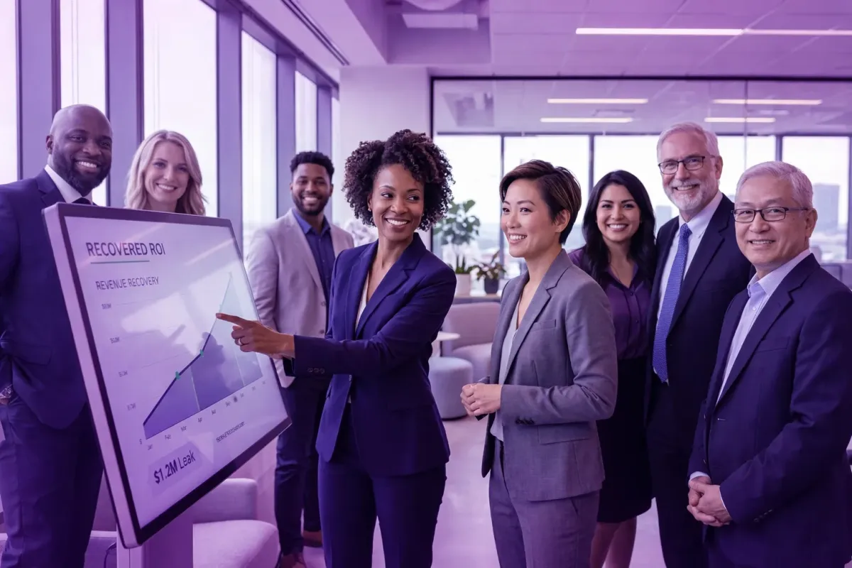 A professional team of diverse business leaders in a modern office, smiling and looking at a digital display showing a "Recovered ROI" growth chart with a $1.2M revenue recovery highlight.