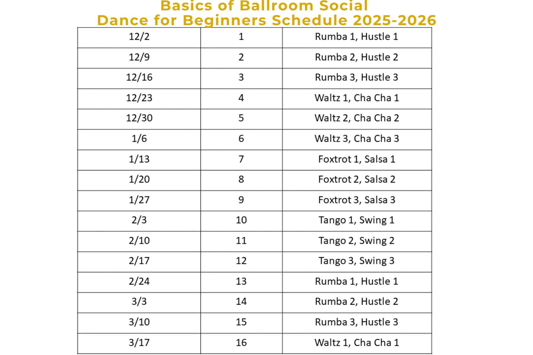 Basics of Ballroom Social Dance for Beginners Schedule 2025
