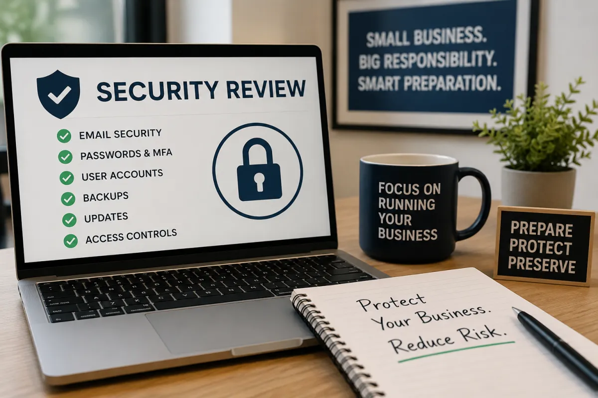 Laptop showing a small business security review checklist with cyber security icons, highlighting email security, passwords, MFA, backups, updates and access controls.