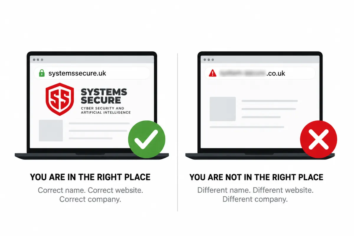 Systems Secure website identity check showing the correct systemssecure.uk website beside an incorrect lookalike website.