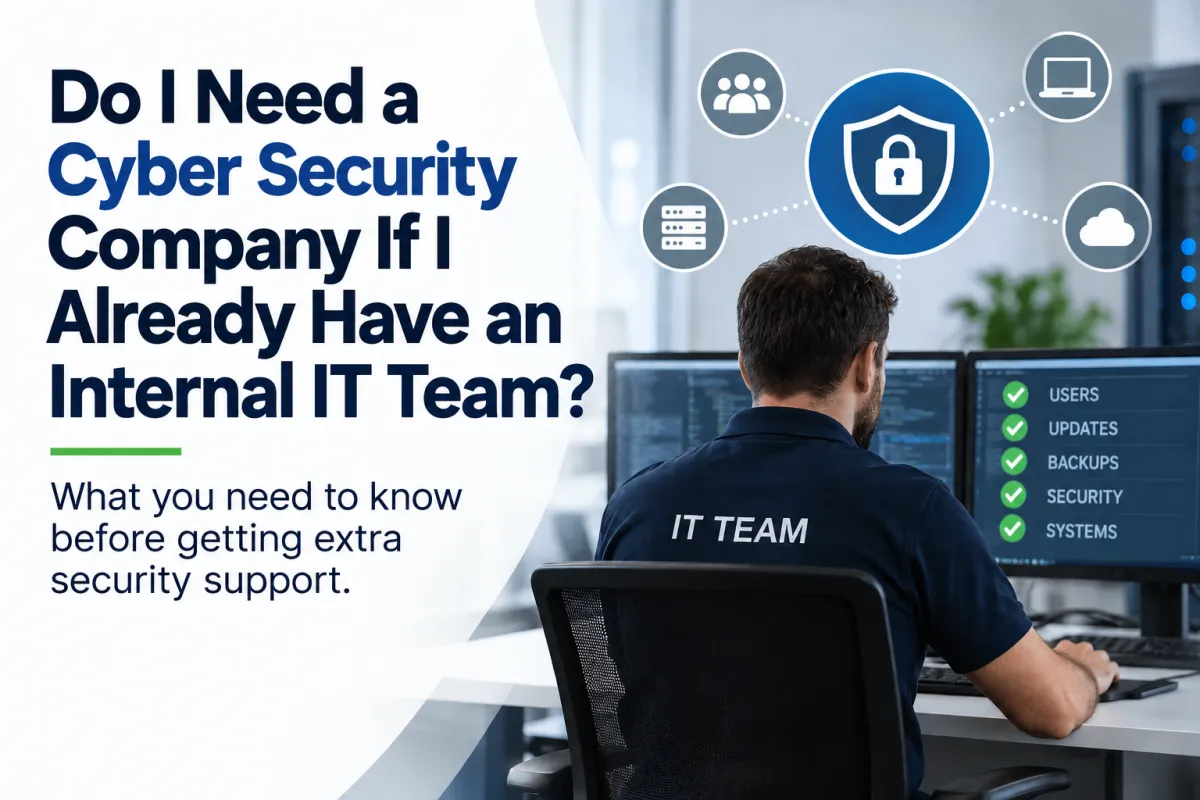 Internal IT team member working at multiple computer screens with cyber security icons showing users, backups, systems and protection.