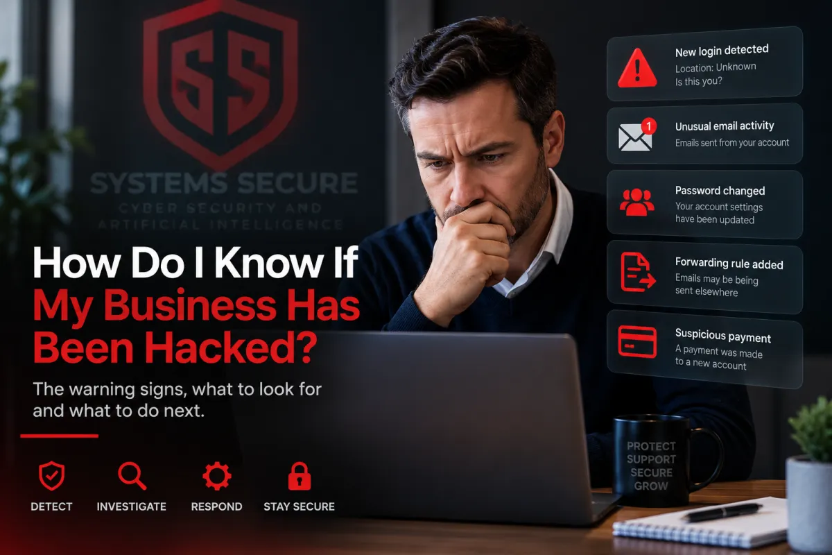 Concerned business owner looking at a laptop with cybersecurity warning alerts, including suspicious logins, unusual email activity, password changes, email forwarding and suspicious payments, with Systems Secure branding in the background.