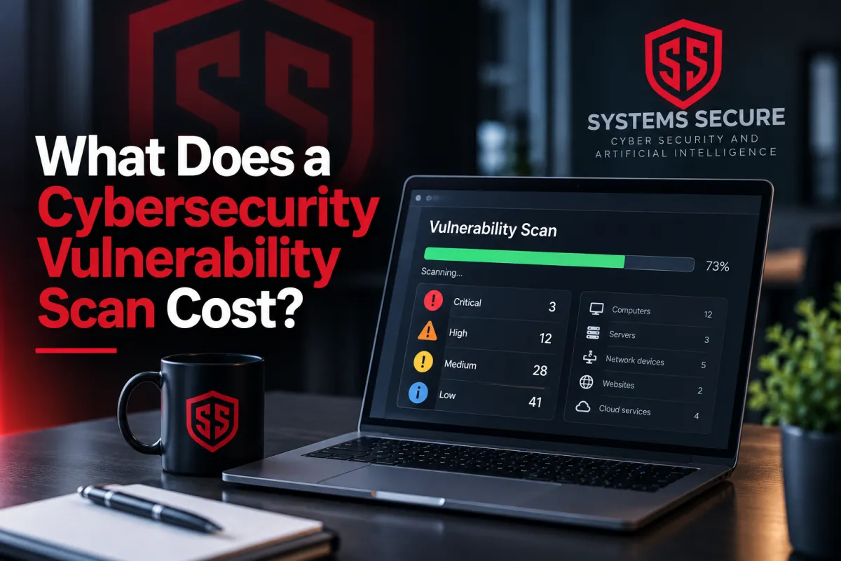 Cybersecurity vulnerability scan running on a laptop with Systems Secure branding and the title “What Does a Cybersecurity Vulnerability Scan Cost?”